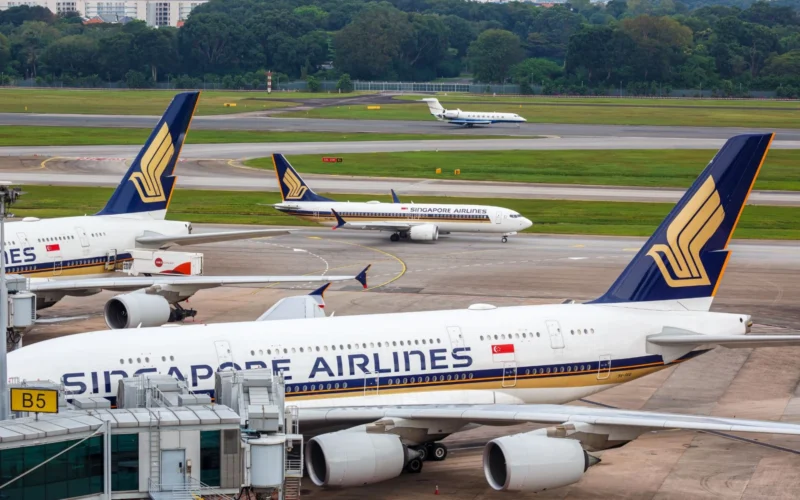 Singapore Airlines jets parked at a gate with blue and gold tail logos and a jet bridge in the foreground