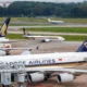 Singapore Airlines jets parked at a gate with blue and gold tail logos and a jet bridge in the foreground