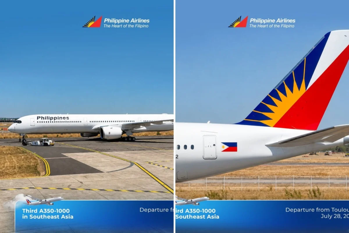 Two panel shot of a Philippine Airlines plane left panel shows the white fuselage on the tarmac with taxi lines right panel shows the tail with red white and blue livery and yellow sun logo