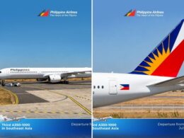 Two panel shot of a Philippine Airlines plane left panel shows the white fuselage on the tarmac with taxi lines right panel shows the tail with red white and blue livery and yellow sun logo