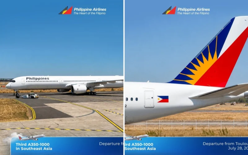Two panel shot of a Philippine Airlines plane left panel shows the white fuselage on the tarmac with taxi lines right panel shows the tail with red white and blue livery and yellow sun logo