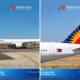Two panel shot of a Philippine Airlines plane left panel shows the white fuselage on the tarmac with taxi lines right panel shows the tail with red white and blue livery and yellow sun logo