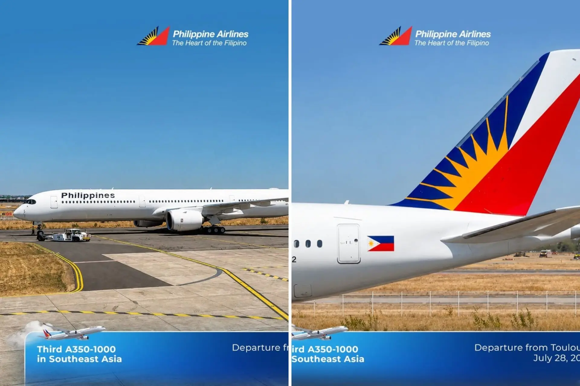 Two panel shot of a Philippine Airlines plane left panel shows the white fuselage on the tarmac with taxi lines right panel shows the tail with red white and blue livery and yellow sun logo