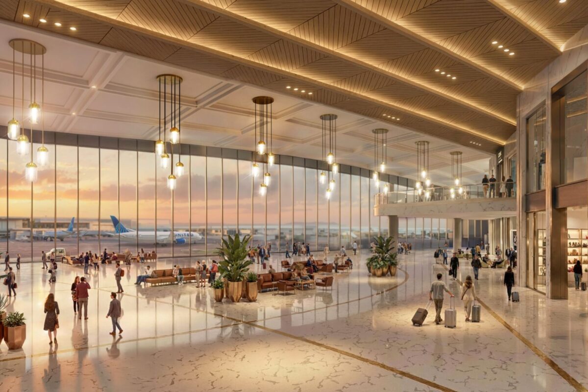 Bright spacious airport terminal with large glass walls warm hanging lights and passengers walking to gates