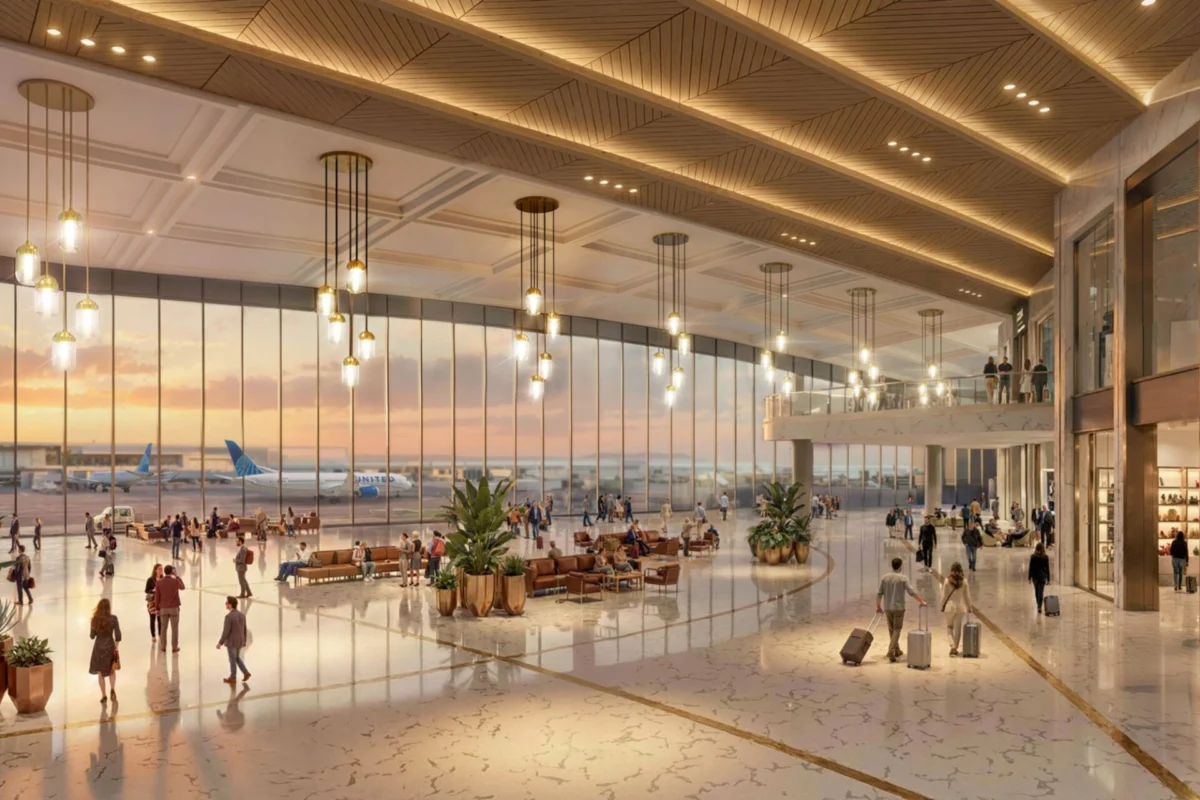 United and Dulles unveil billion airport overhaul Bright spacious airport terminal with large glass walls warm hanging lights and passengers walking to gates