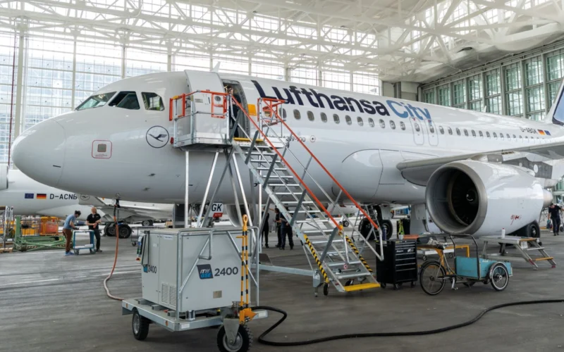 Inside a large aircraft hangar a Lufthansa CityLine jet is being serviced with orange maintenance stairs and ground crews nearby in a bright open space