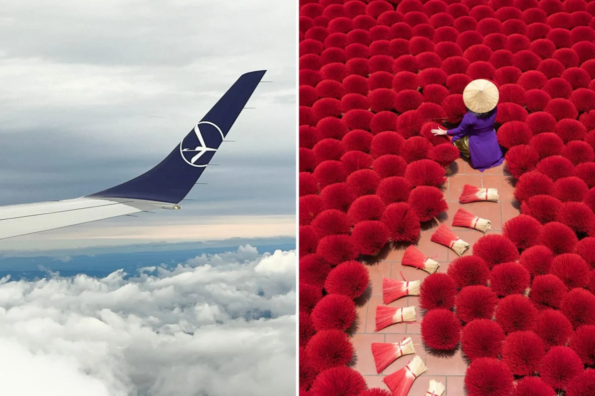 LOT Polish Airlines launches direct Warsaw Hanoi route Split image left side shows an airplane wing above clouds right side shows a person in a purple outfit with a conical hat among red fluffy bushes along a path