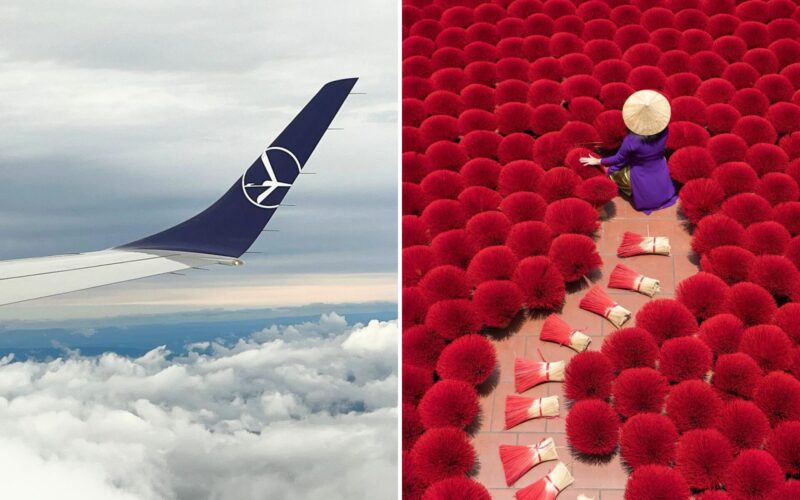 LOT Polish Airlines launches direct Warsaw Hanoi route Split image left side shows an airplane wing above clouds right side shows a person in a purple outfit with a conical hat among red fluffy bushes along a path