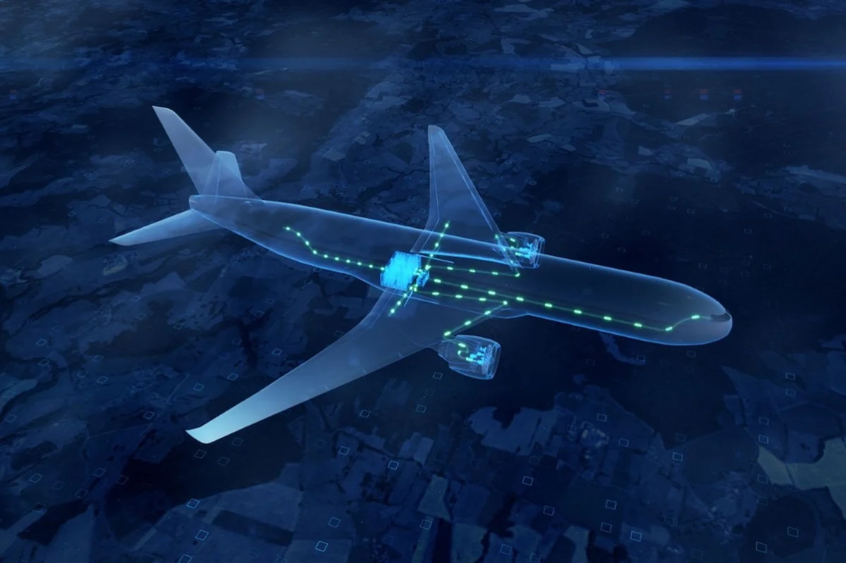 airbus leia Transparent airplane with glowing green data lines along the fuselage against a dark blue map background