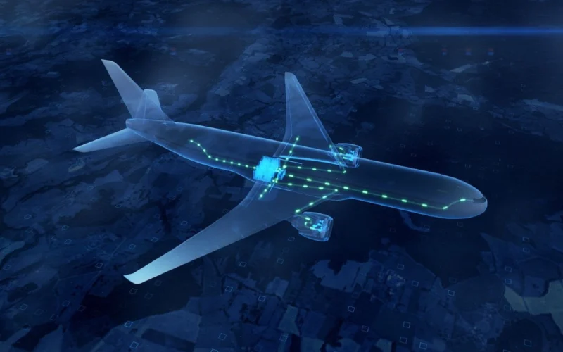 Transparent airplane with glowing green data lines along the fuselage against a dark blue map background