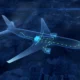 Transparent airplane with glowing green data lines along the fuselage against a dark blue map background