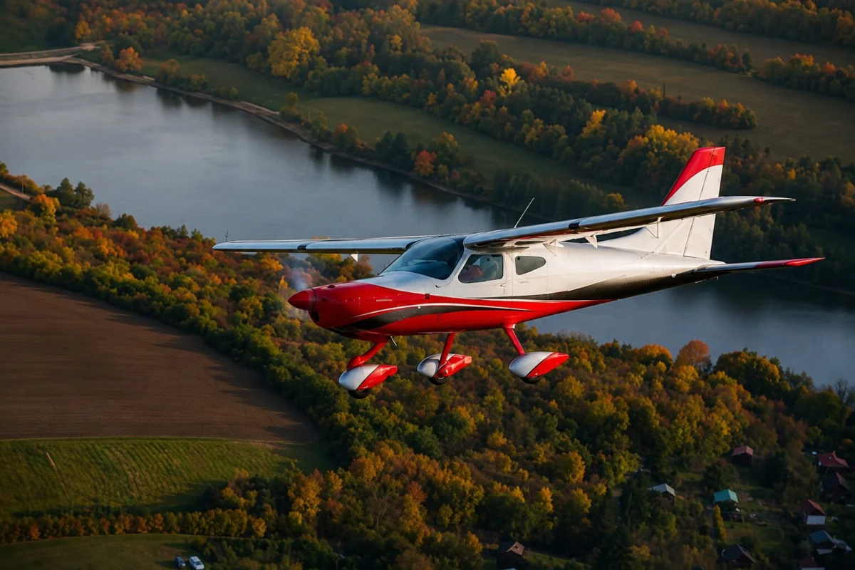 Red and white single engine plane in flight over autumn colored fields and a winding lake at sunset