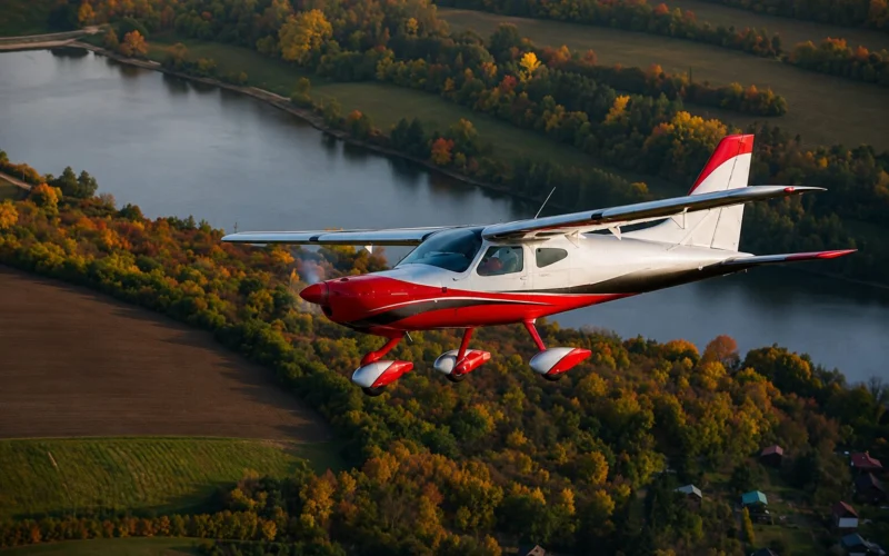Red and white single engine plane in flight over autumn colored fields and a winding lake at sunset