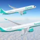 Two Flynas airplanes in teal livery flying above cloudy sky