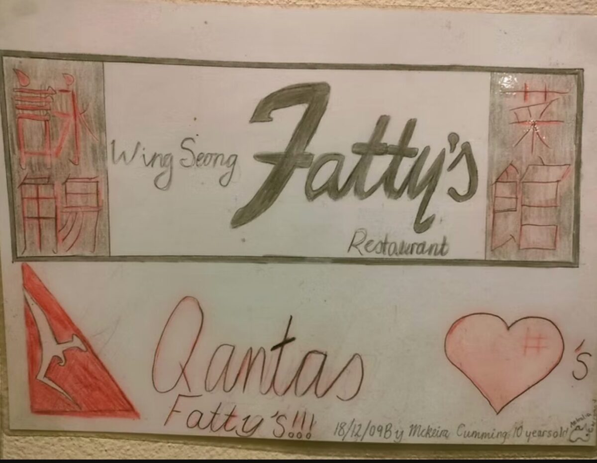 image Hand drawn Fattys Restaurant sign with decorative side panels and a heart doodle