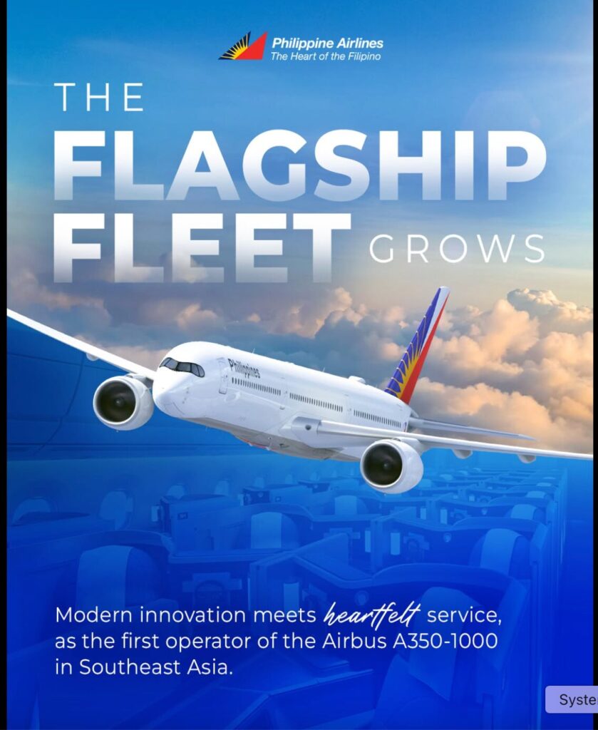 image Promotional poster for Philippine Airlines showing an Airbus A350 1000 in flight with the headline THE FLAGSHIP FLEET GROWS