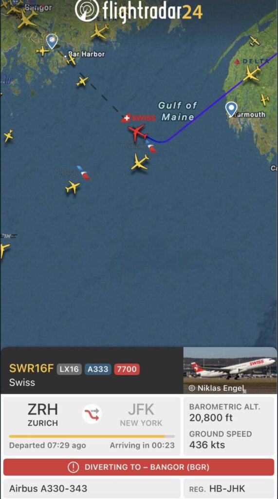 image Live flight map showing SWR16F Swiss Airbus en route from Zurich to New York with a diversion to Bangor Maine FlightRadar24