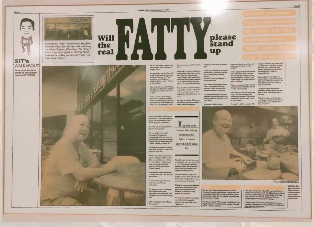 image Newspaper page with a bold headline FATTY and two photos of an older man dining at a restaurant