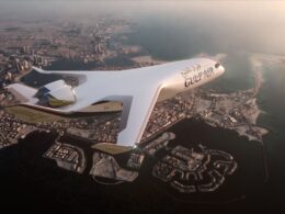 Futuristic white Gulf Air aircraft flying over a coastal city with a harbor and high rise skyline at sunset