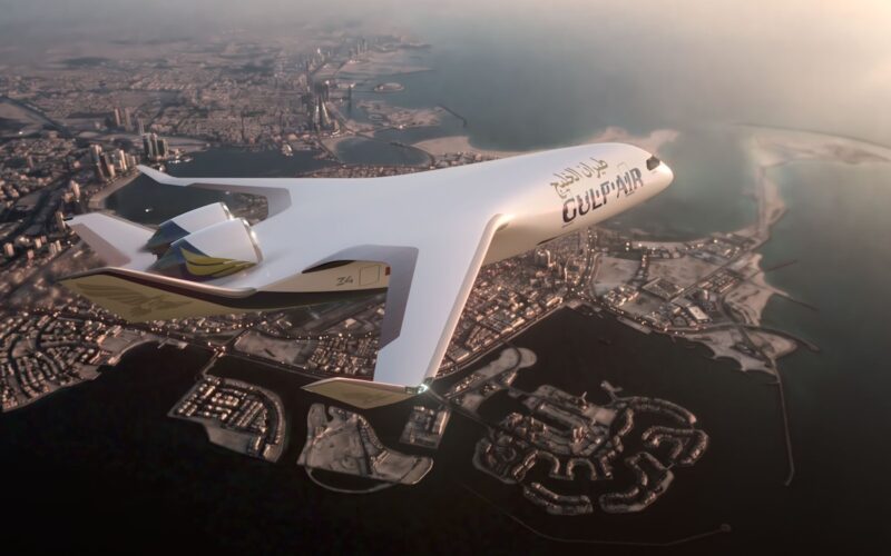jetzero gulf air Futuristic white Gulf Air aircraft flying over a coastal city with a harbor and high rise skyline at sunset