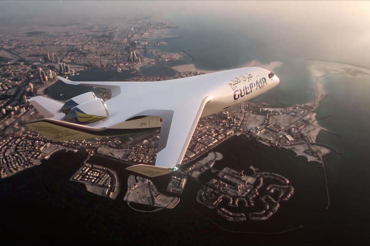 Futuristic white Gulf Air aircraft flying over a coastal city with a harbor and high rise skyline at sunset