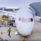 Front view of a white passenger airliner at the gate jet bridge connected and ground crew nearby on the tarmac