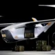 White futuristic twin rotor aircraft in a dim hangar with cargo crates beneath and a person in dark gear nearby