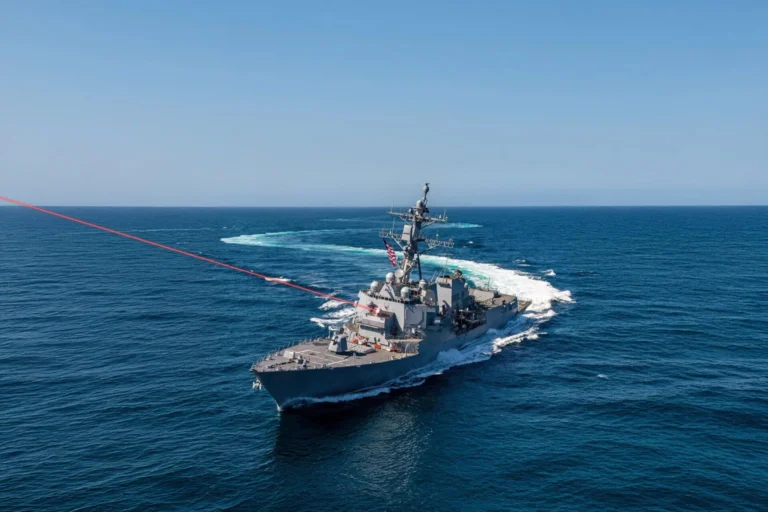 Gray US Navy destroyer sails through deep blue ocean under a clear sky American flag fluttering on the hull