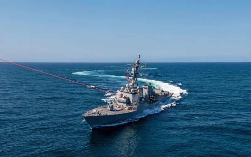 Gray US Navy destroyer sails through deep blue ocean under a clear sky American flag fluttering on the hull