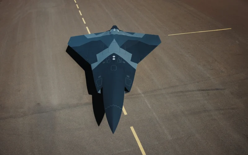 Top down view of a dark blue stealth jet on a runway seen from above