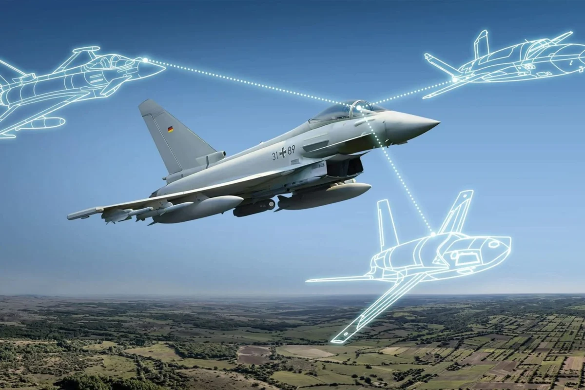 A German Air Force Eurofighter Typhoon is shown alongside simulated aircraft
