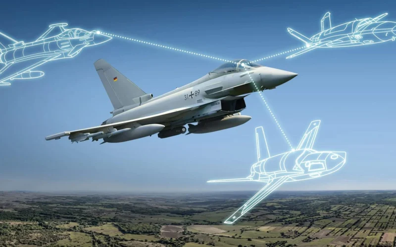 A German Air Force Eurofighter Typhoon is shown alongside simulated aircraft