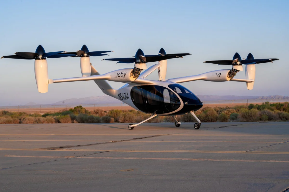 A Joby Aviation electric vertical takeoff and landing aircraft following a ground test at Edwards Air Force Base California A Joby Aviation electric vertical takeoff and landing aircraft following a ground test at Edwards Air Force Base California