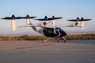 A Joby Aviation electric vertical takeoff and landing aircraft following a ground test at Edwards Air Force Base California