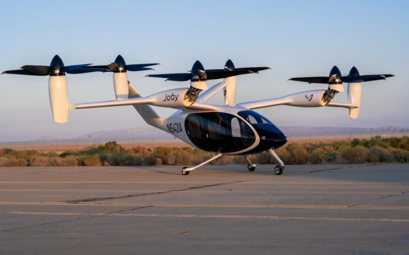 A Joby Aviation electric vertical takeoff and landing aircraft following a ground test at Edwards Air Force Base California