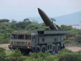 A North Korean KN 23 short range ballistic missile on its transporter erector launcher