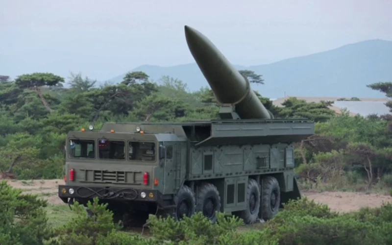 A North Korean KN 23 short range ballistic missile on its transporter erector launcher