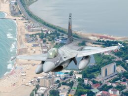A Romanian Air Force F 16 flies over Constanța on Romanias Black Sea coast