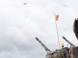 A Romanian Flakpanzer Gepard tracks a US Army drone during joint counter drone training at Bemowo Piskie Training Area Poland