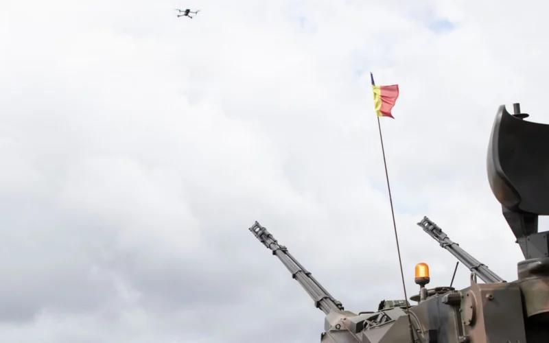 A Romanian Flakpanzer Gepard tracks a US Army drone during joint counter drone training at Bemowo Piskie Training Area Poland