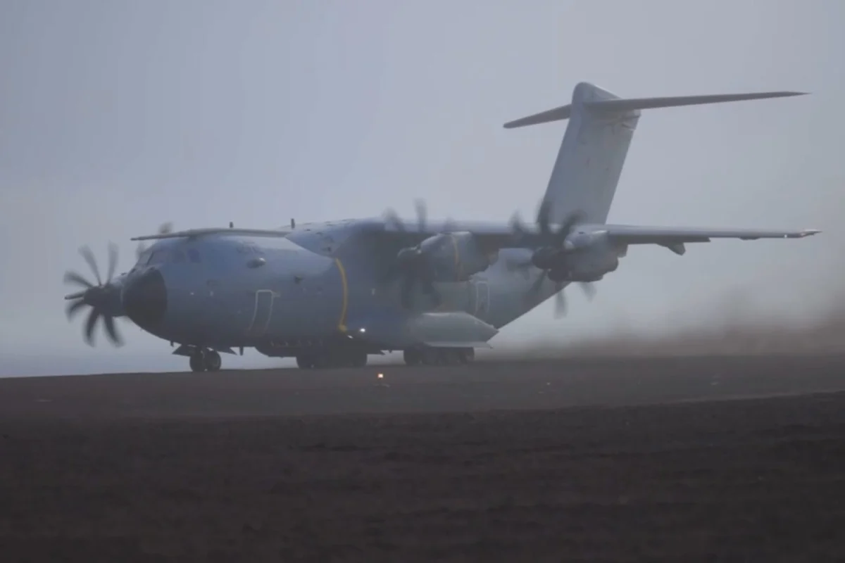 A Royal Air Force Airbus A400M Atlas arrives at Jan Mayensfield Norway carrying US Marines Royal Marines and two JTLVs for Operation Atlantic City 26 A Royal Air Force Airbus A400M Atlas arrives at Jan Mayensfield Norway carrying US Marines Royal Marines and two JTLVs for Operation Atlantic City 26