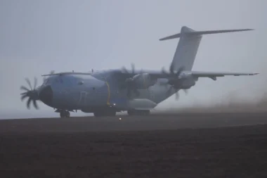 A Royal Air Force Airbus A400M Atlas arrives at Jan Mayensfield Norway carrying US Marines Royal Marines and two JTLVs for Operation Atlantic City 26