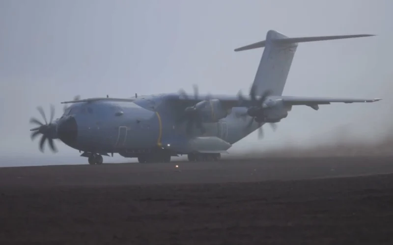 A Royal Air Force Airbus A400M Atlas arrives at Jan Mayensfield Norway carrying US Marines Royal Marines and two JTLVs for Operation Atlantic City 26