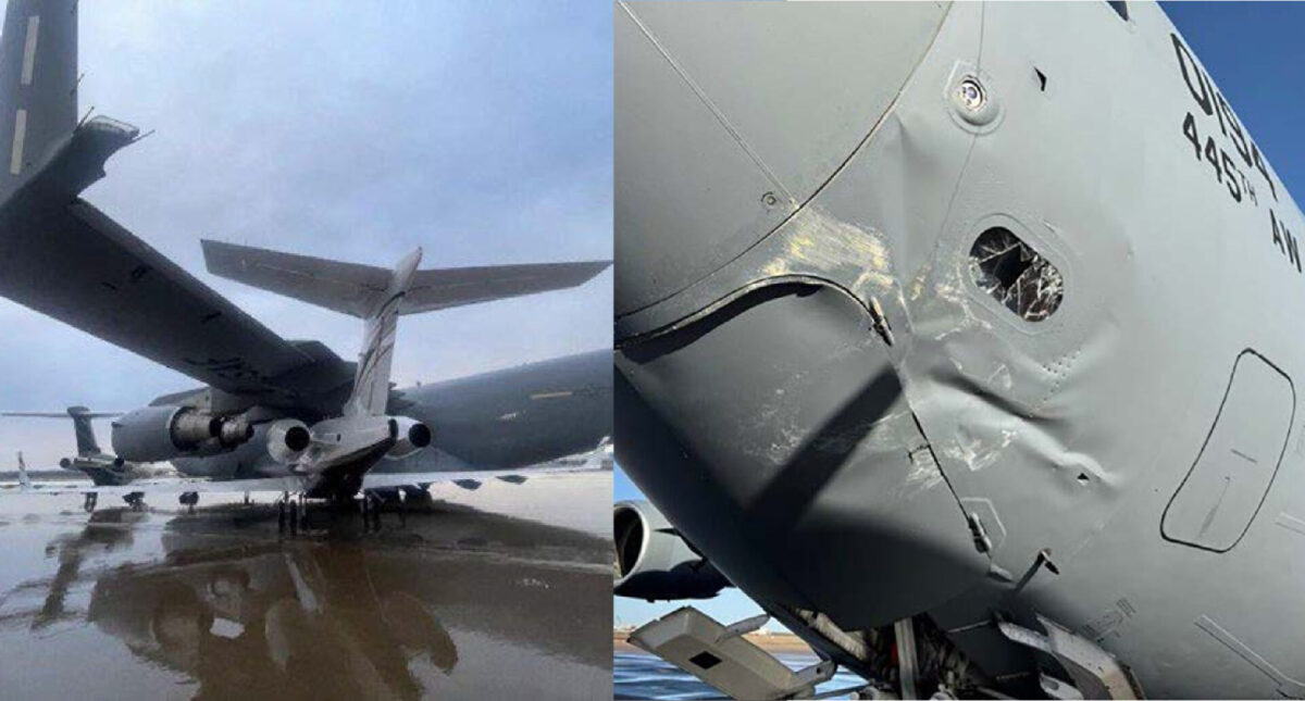 A US Air Force C 17 Globemaster III after two privately operated Bombardier Challenger business jets were blown into the aircraft during a storm A US Air Force C 17 Globemaster III after two privately operated Bombardier Challenger business jets were blown into the aircraft during a storm
