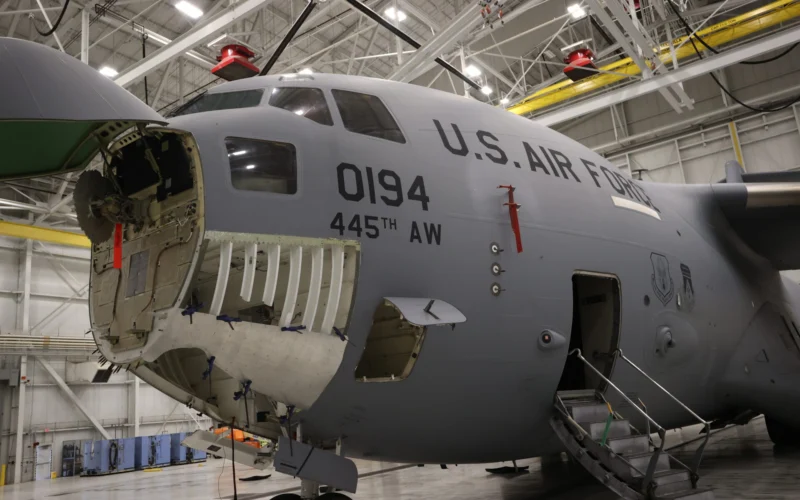 A US Air Force C 17 Globemaster III undergoes structural repairs