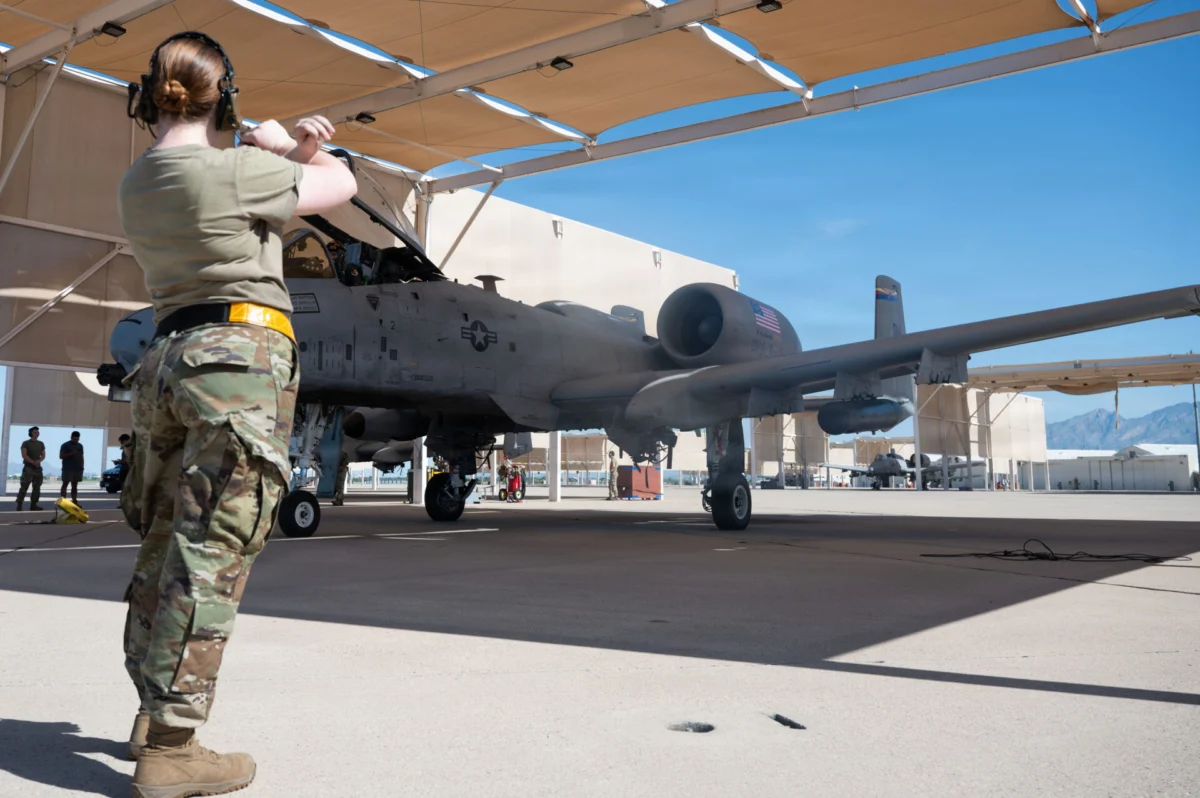 A US Air Force airman marshals an A 10C Thunderbolt II ahead of the Warthogs final flight from Davis Monthan Air Force Base A US Air Force airman marshals an A 10C Thunderbolt II ahead of the Warthogs final flight from Davis Monthan Air Force Base on July 29 2026