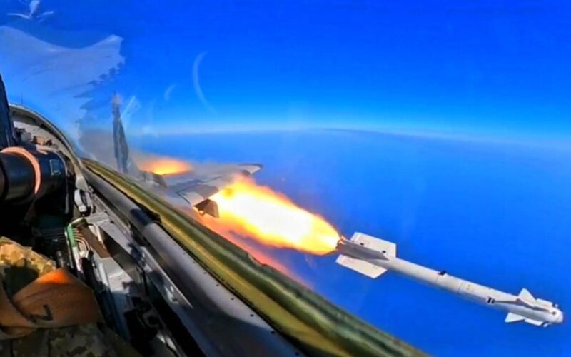 A Ukrainian Air Force MiG 29 launches an R 73 air to air missile A Ukrainian Air Force MiG 29 launches an R 73 air to air missile