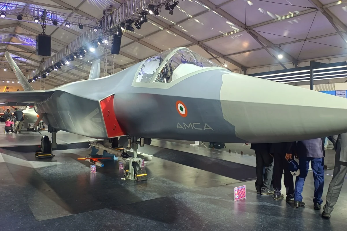A full scale mock up of Indias Advanced Medium Combat Aircraft AMCA displayed at Aero India 2025 A full scale mock up of Indias Advanced Medium Combat Aircraft AMCA displayed at Aero India 2025