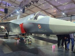 A full scale mock up of Indias Advanced Medium Combat Aircraft AMCA displayed at Aero India 2025