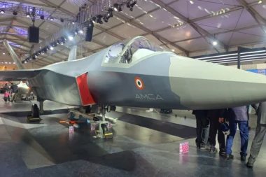 A full scale mock up of Indias Advanced Medium Combat Aircraft AMCA displayed at Aero India 2025